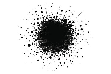 Black ink splatters and paint splashes create a grunge texture. Abstract vector art with messy drops and spray blots. Isolated artistic stain for design on transparent background.