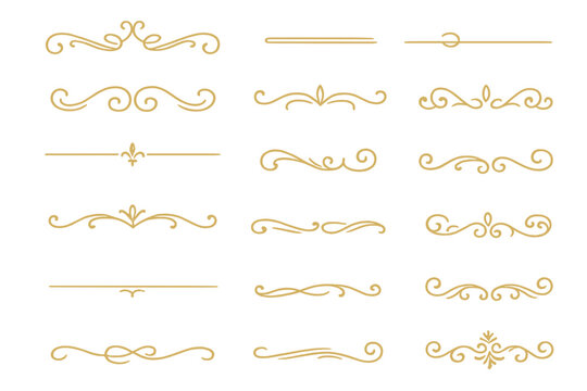 Set of elegant gold dividers, flourishes, and ornamental lines. Decorative vintage borders collection. Minimal separators, artistic filigree embellishments for wedding invitations.