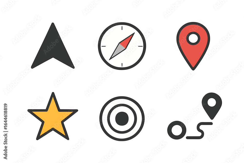 Poster navigation and location icon set. vector collection with arrow, compass, map pin, target, and route 