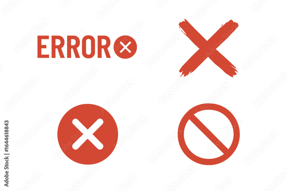 Poster set of red error and rejection icons. collection of diverse no symbols, including cross x mark and f