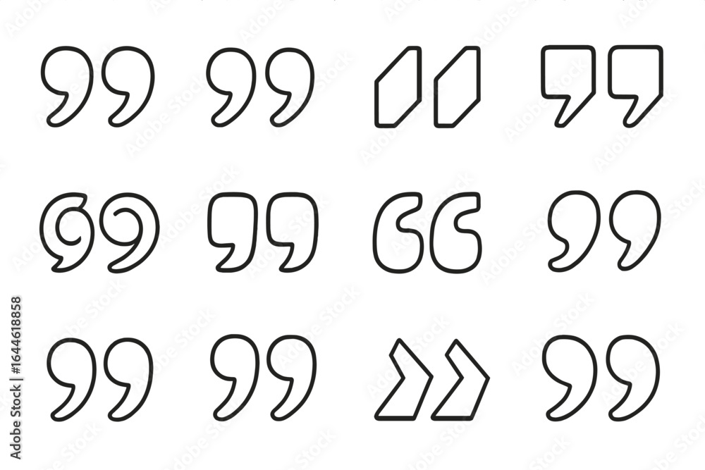 Poster quotation marks icon set. diverse line art symbols for typography, dialogue, and text. vector quote 