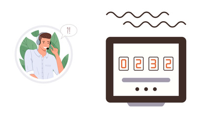 Male customer service representative in headset talking, digital timer counting down. Ideal for support, communication, urgency, tech assistance, customer care, deadlines problem-solving. A simple