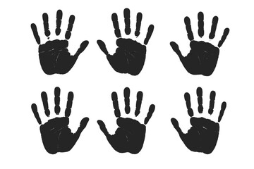 Fototapeta premium Handprint silhouette vector set. Human touch palm impression concept. Grunge ink stamp print design. Abstract palm texture for identity, symbol or crime scene evidence.