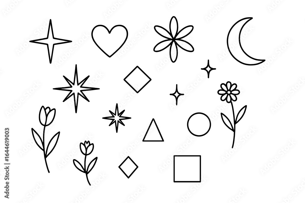 Poster collection of cute doodle design elements. minimalist line art icons of celestial objects like stars