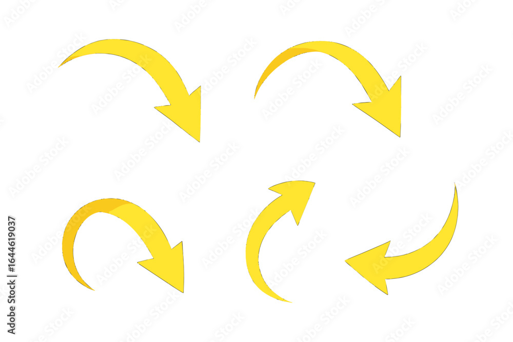Poster set of dynamic yellow 3d arrows. curved pointer icons for direction, motion, and navigation. vector 