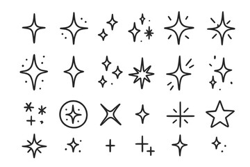Hand-drawn doodle sparkle and star icon set. Cute black and white line art collection for creative designs. Vector illustration of shining, twinkling, and glitter elements.