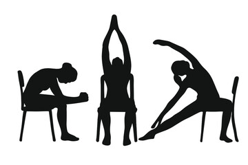 Chair yoga poses silhouette set. Woman performing stretching exercises on a chair for office workout or senior fitness. Accessible gymnastics for wellness and health vector icons.
