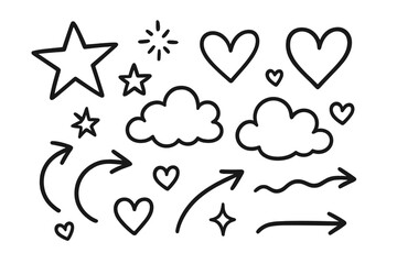 Doodle icon vector set with hand-drawn stars, hearts, clouds, and arrows. Cute sketch collection for design elements. Simple black line art illustration on white background.