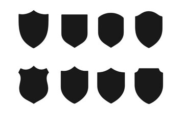 Black shields vector set. Security badge shape collection. Blank emblem silhouette for logo design. Protection, safety, guard icon. Medieval knight heraldry crest template.