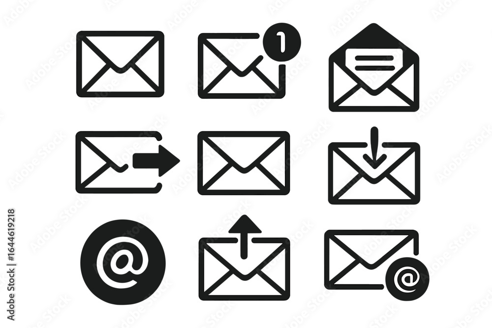 Poster email icons vector set. mail message and envelope symbols. digital communication signs for web and a