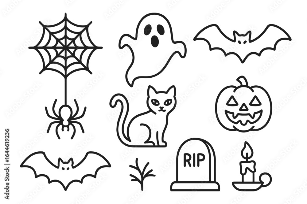 Poster halloween line art icon set. simple spooky outline icons collection. vector elements for design and 