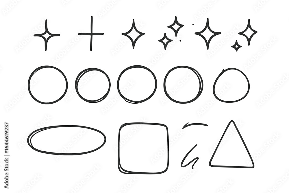 Poster hand drawn doodle shapes set. vector collection of scribble circles, ovals, squares, and triangles. 