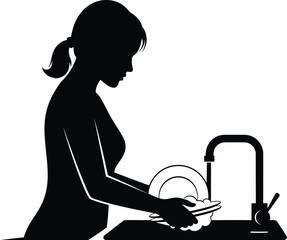 A woman is washing dishes in the sink, she is performing a common household chore, representing the daily responsibilities and tasks associated with maintaining a clean and organized home