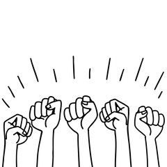 Minimalist black and white illustration of multiple raised fists representing unity, strength, solidarity, empowerment, and protest.