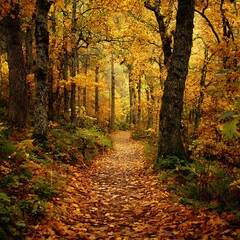 Naklejka premium Autumn forest path with yellow foliage scenic landscape nature photography travel destination explore outdoors