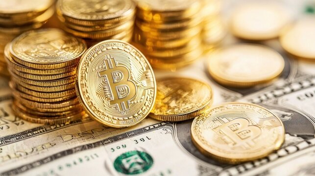 A stack of gold-colored Bitcoin coins on a pile of US dollar bills.