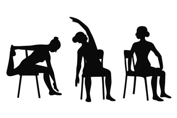 Chair yoga poses set. Woman silhouette practicing stretching exercises on a chair. Office workout, fitness for seniors, wellness concept. Vector illustration collection.