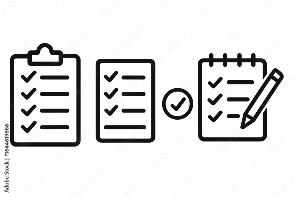 Poster checklist icon set with clipboard illustration and task list symbols. vector icons for note taking, 