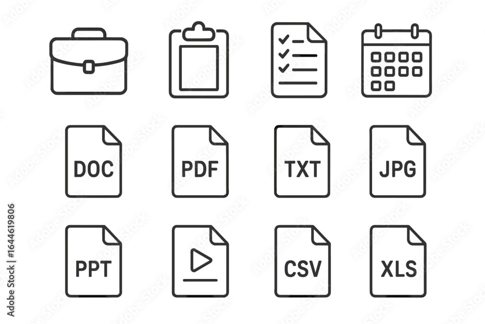 Poster business line icon set. office symbols collection. document file formats. briefcase, clipboard, chec