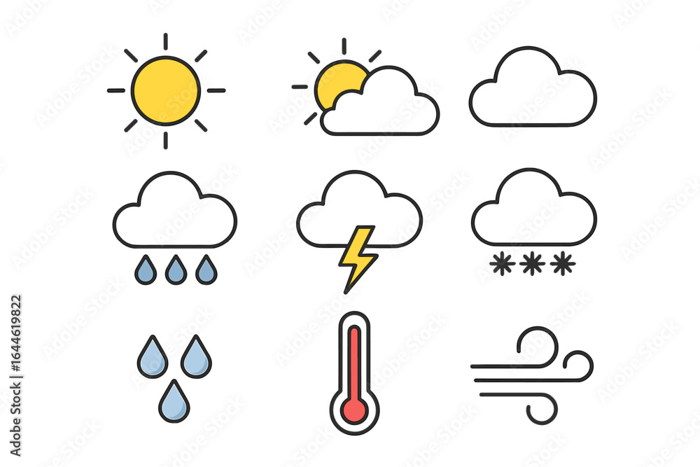 Poster weather forecast icons set. meteorology symbols collection for app and web design. sun, cloud, rain,