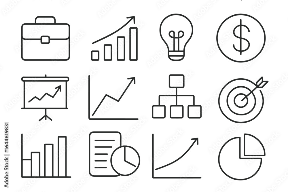 Poster business icons set in thin line style. vector illustrations of charts and graphs for data analysis, 