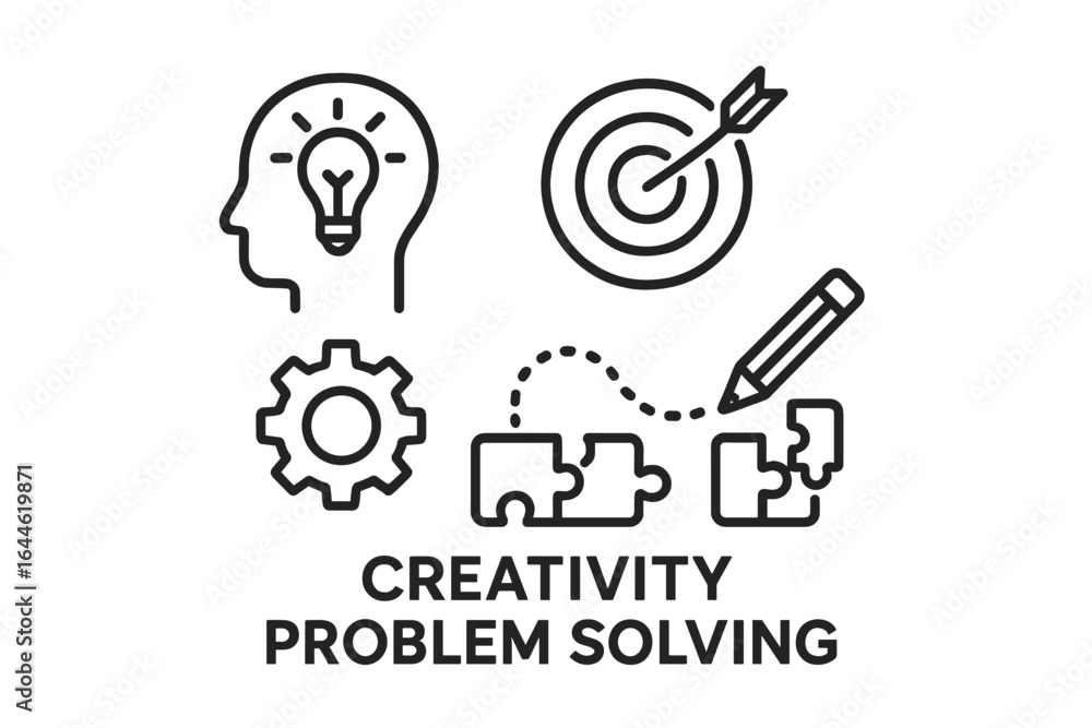 Poster creativity and problem solving concepts. vector line icons for idea, innovation, and strategy. head 