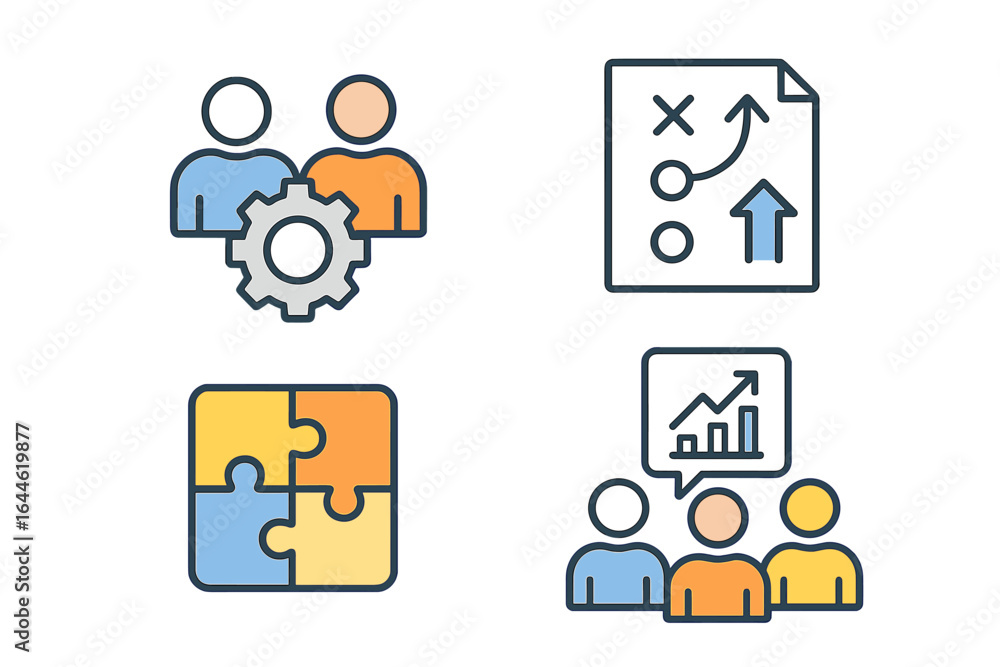 Aufkleber business success icon set with teamwork, strategy, puzzle solution, and growth chart symbols. collab