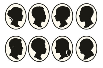 Classic cameo silhouette collection. Vector set of diverse people profiles. Vintage icons of men, women, children heads. Antique avatars in oval frames for design.
