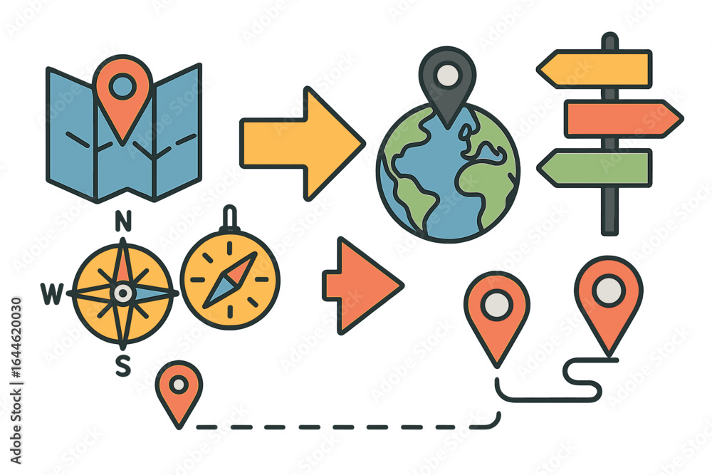 Poster travel and navigation icon set. location pin on a world map and globe. route finding with compass an