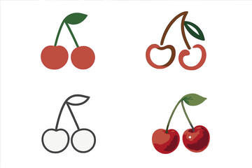Set of cherry vector illustrations in four different styles. Minimalist flat icon, abstract outline, simple line art, and realistic artistic painting. Fruit concept design elements.