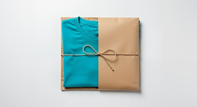Beautifully folded teal t-shirt neatly packaged in brown paper and tied with rustic twine, ready for shipping or gifting.