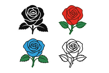 Rose flower vector set. Includes black silhouette, red color, blue color, and outline style. Floral graphic icon for love, beauty, nature, romance. Isolated illustration.
