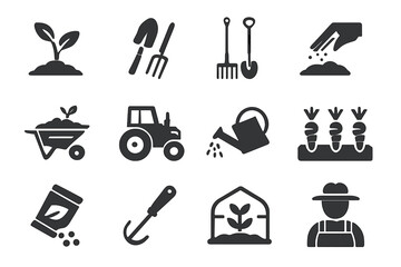 Farming and gardening glyph icons set. Vector collection of agricultural symbols like tractor, shovel, seeds, watering can, farmer, and plant sprout for cultivation.