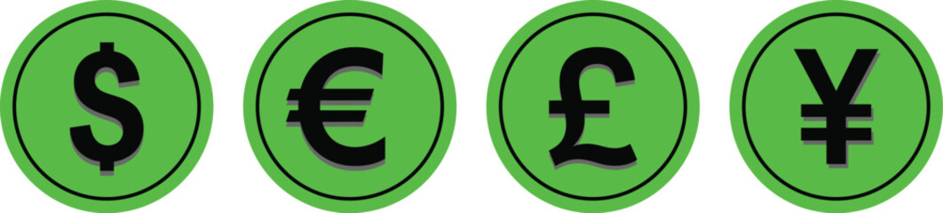 Obraz premium Four green coins featuring the dollar, euro, pound, and yen currency symbols.
