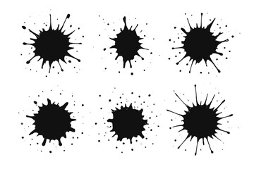 Set of black ink splatters. Grunge paint blobs and messy spray stains collection. Abstract dirty inkblot shapes. Vector illustration isolated on white background.