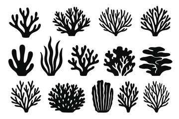 Coral silhouette vector set. Collection of black underwater sea reef plants. Marine ocean flora, diverse seaweed and algae shapes. Aquatic botanical nature illustration elements.