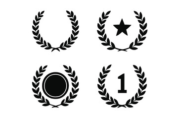 Laurel wreath award icon set for achievement and victory. Vector collection of winner symbols with star, medal, and first place number 1. Black silhouette for champion prize.