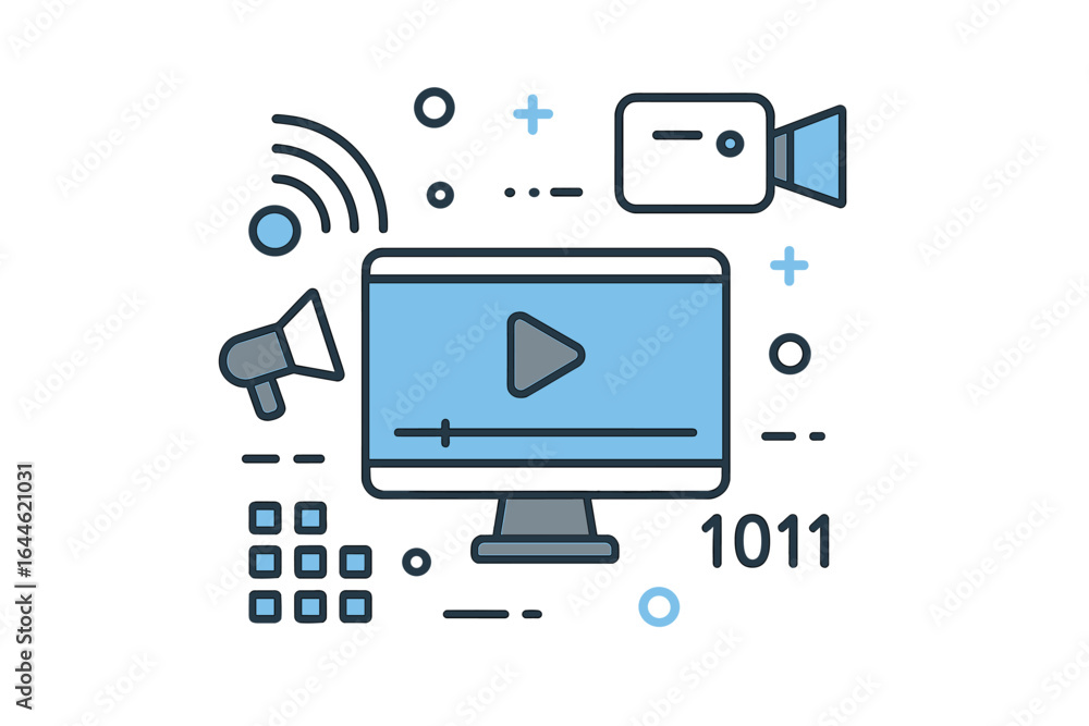 Poster video content creation and digital marketing concept. line icons for streaming, vlogging, and online