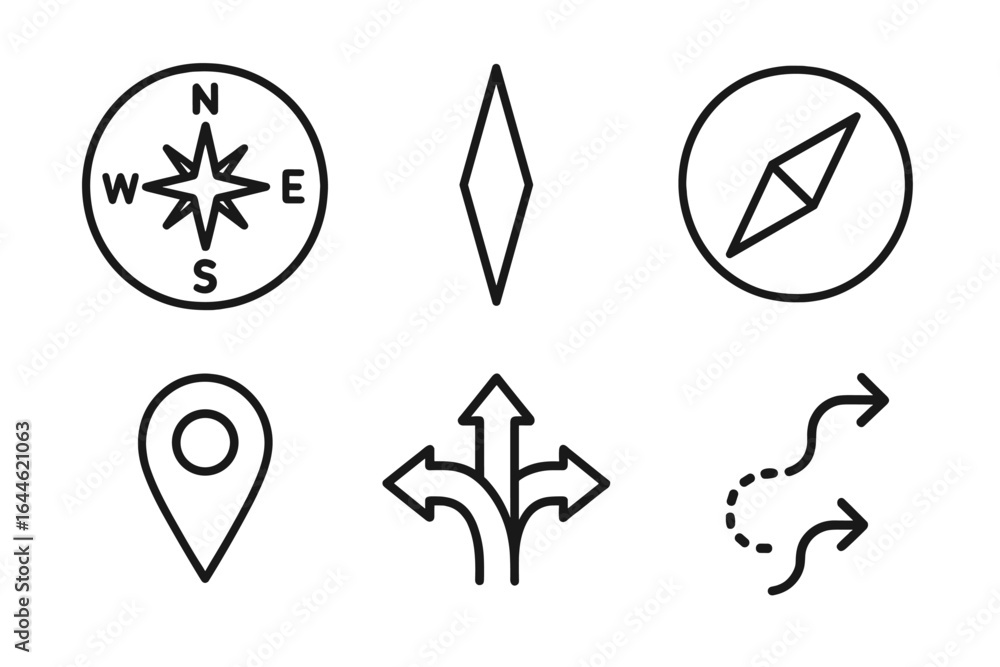 Poster compass and navigation icon set with line art symbols for direction and travel. vector illustrations