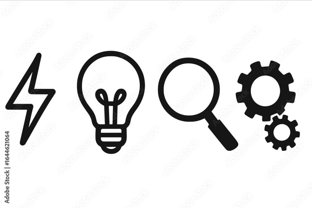 Poster energy idea search engineering icon set. lightning bolt power. lightbulb innovation solution. magnif