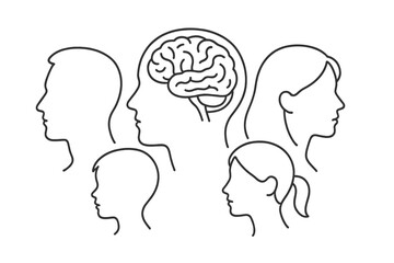 Mental health and psychology vector concept with diverse human profiles. Man, woman, and child heads in line art. Brain illustration representing thought, mind, and identity.