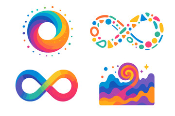 Colorful infinity symbol set for neurodiversity and autism pride. Abstract endless loop, swirl, and wave icons. Modern gradient vector logo elements for creative concepts.