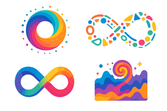 Colorful infinity symbol set for neurodiversity and autism pride. Abstract endless loop, swirl, and wave icons. Modern gradient vector logo elements for creative concepts.