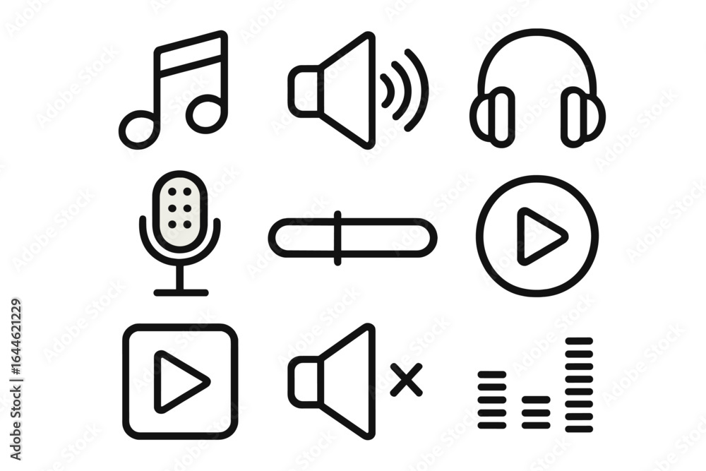 Poster music and audio line icon set. collection of simple vector symbols for media player interface, podca