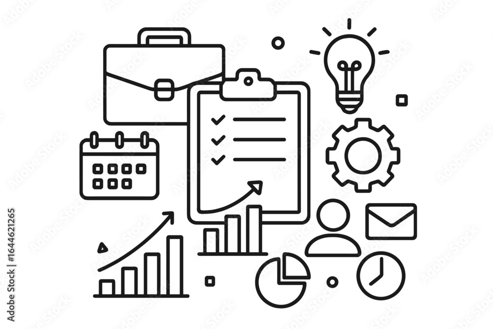 Poster line icon set for business productivity, project management, and workflow optimization. vector illus