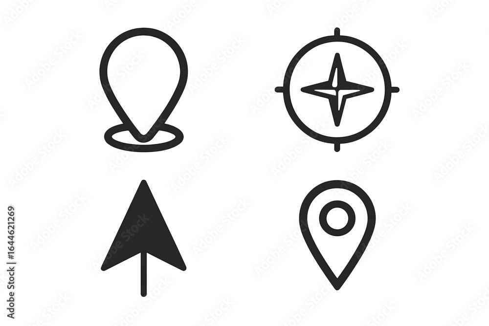 Poster navigation icon set with map pin, compass & directional arrow. location markers & locator symbols fo