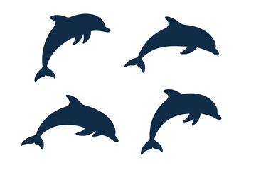 Dolphin silhouette vector icon set. Collection of jumping and swimming marine animal shapes. Blue ocean wildlife graphic element for logo design or summer vacation themes.