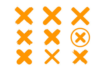 Obraz premium Cross mark collection. Hand-drawn X icon set. Orange no symbol, delete button, wrong mark. Grunge brush stroke style. Stop, remove, and rejection signs. Vector illustration.