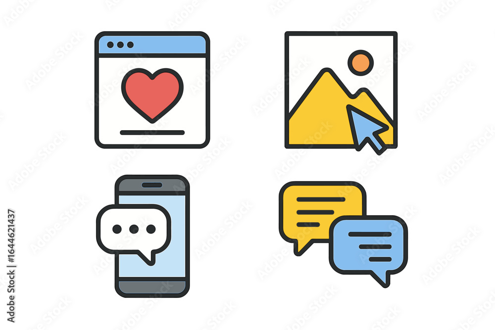Poster social media icon set. digital communication concepts. like button, chat bubble, smartphone message,