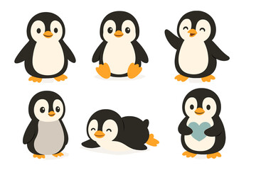 Fototapeta premium Cute baby penguin character set. Adorable cartoon arctic animal collection. Kawaii penguin in different poses for kids. Flat vector illustration isolated on white.